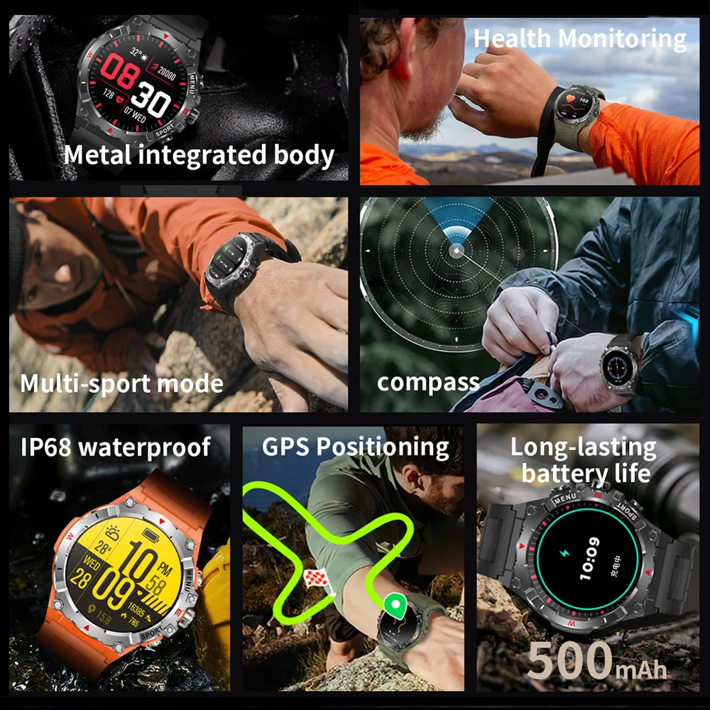 Military GPS Smart Watch Men AMOLED HD Screen Altitude Compass Heart Rate Sports Watch BT Calling IP68&10ATM Waterproof Watch - Image 2